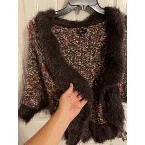 Womens Multicolor Textured Open Front Cardigan Shawl With Faux Fur Trim "Style &